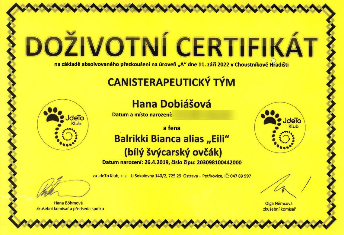 Certifikát - zkoušky z canisterapie, doživotní platnost